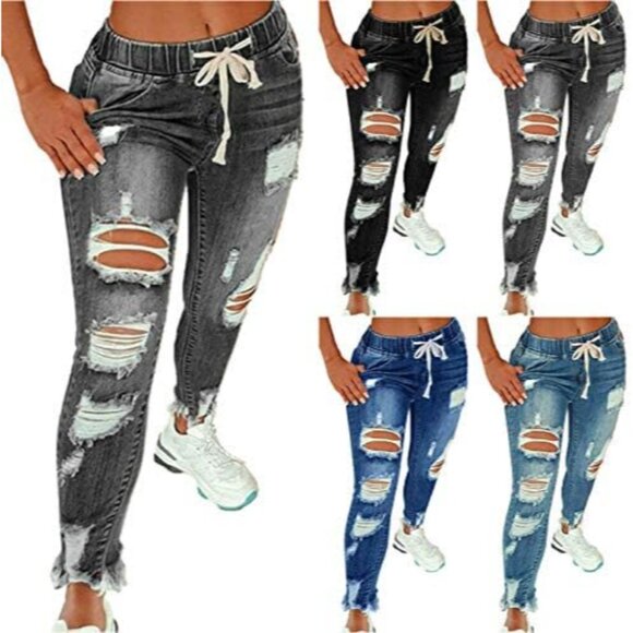 Women High Waist Skinny Ripped Denim Jeans Plus Size Durable Stretch - Picture 2 of 4